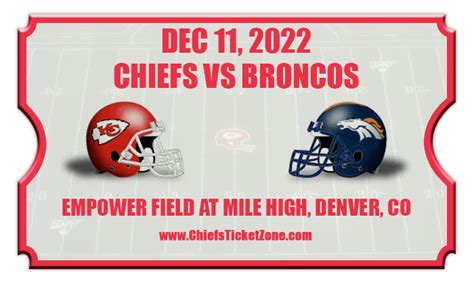 Ticket prices for the current Denver Broncos football season are starting at 50. . Broncos chiefs tickets